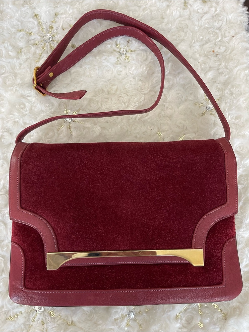 Vintage Susan Gail Burgundy Suede Shoulder Bag with Gold Accent